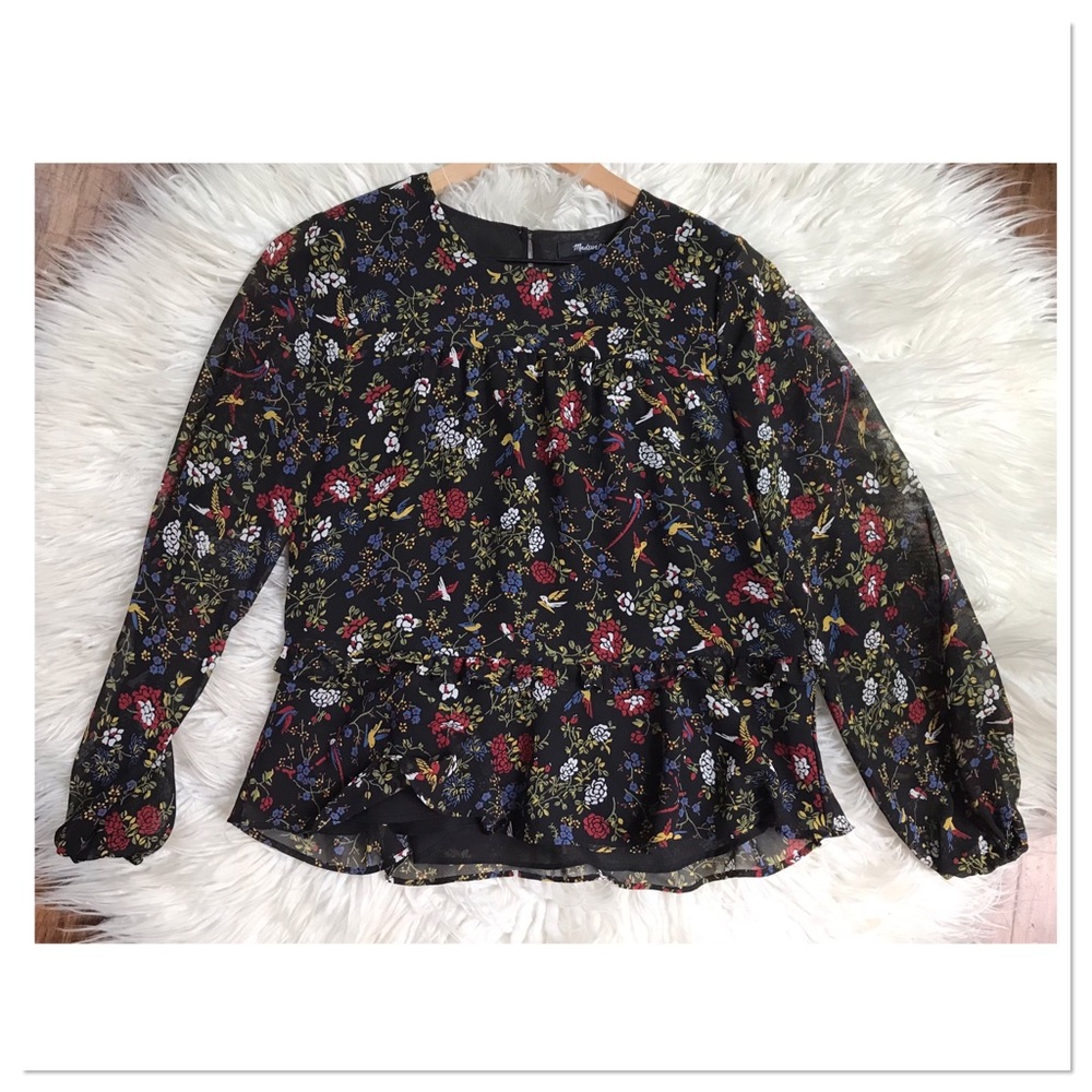 Madewell Ruffle Peplum Top In Finch Floral Black Red Multi Color Size XXS - Picture 1 of 9